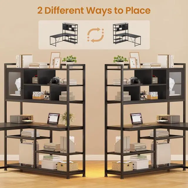 Alt view image 6 of 7 - SEDETA L Shaped Computer Desk, 58'' Office Desk with LED Light and Bookshelf, L Shaped Corner Desk with Storage Shelves for Home Office, Gaming Desk, L Desk, Black