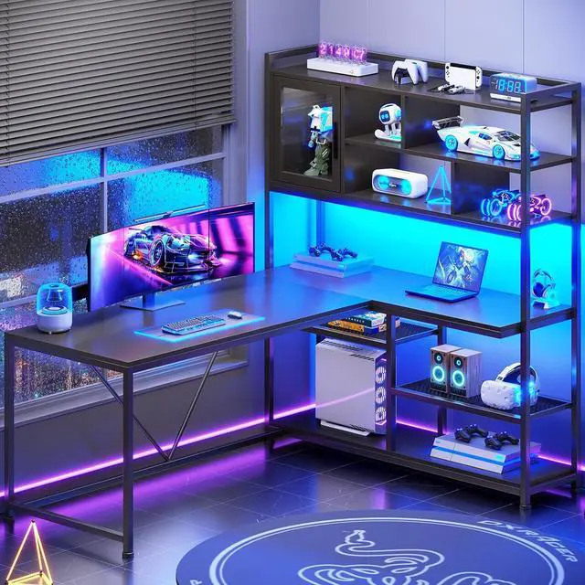 Alt view image 7 of 7 - SEDETA L Shaped Computer Desk, 58'' Office Desk with LED Light and Bookshelf, L Shaped Corner Desk with Storage Shelves for Home Office, Gaming Desk, L Desk, Black