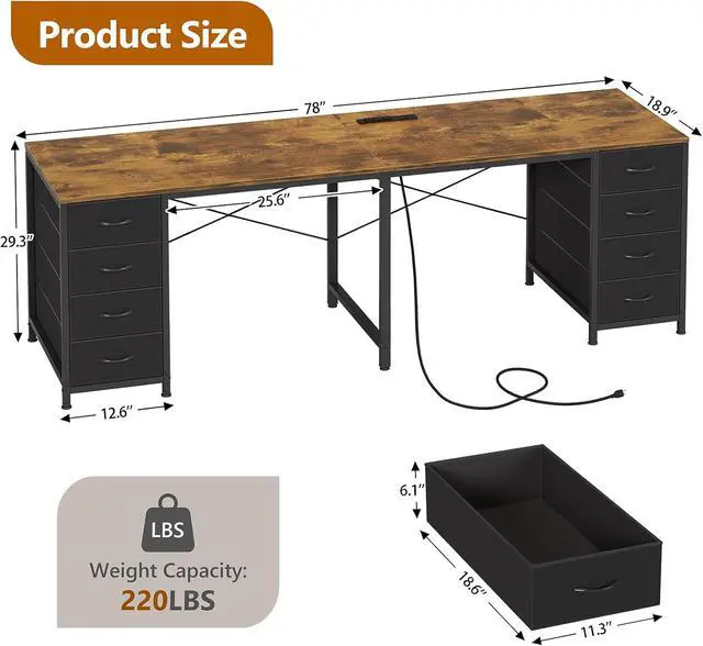 Alt view image 2 of 7 - TVU 2 Person Desk with 8 Drawers, Large Home Office Computer Desk with Power Outlets, 78 Inch Long Double Desks for Two People, Rustic Brown