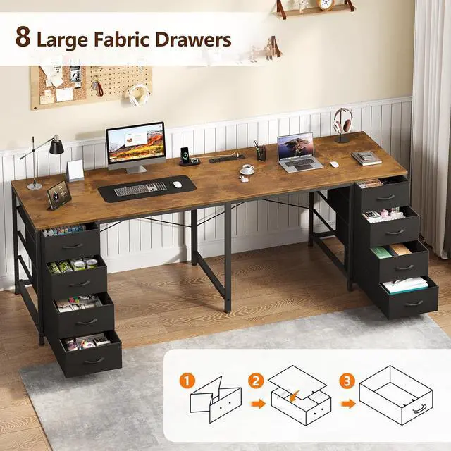 Alt view image 3 of 7 - TVU 2 Person Desk with 8 Drawers, Large Home Office Computer Desk with Power Outlets, 78 Inch Long Double Desks for Two People, Rustic Brown