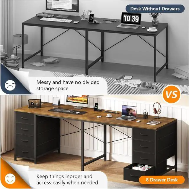 Alt view image 5 of 7 - TVU 2 Person Desk with 8 Drawers, Large Home Office Computer Desk with Power Outlets, 78 Inch Long Double Desks for Two People, Rustic Brown
