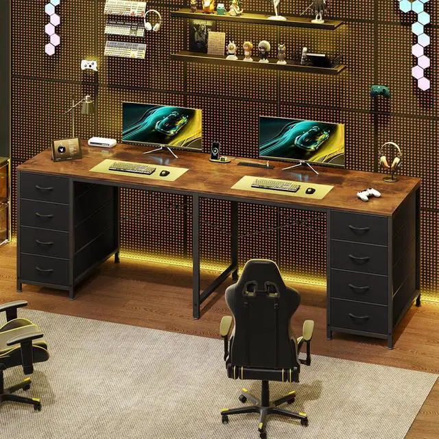 Alt view image 7 of 7 - TVU 2 Person Desk with 8 Drawers, Large Home Office Computer Desk with Power Outlets, 78 Inch Long Double Desks for Two People, Rustic Brown