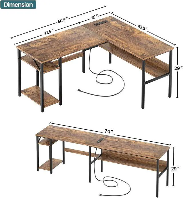 Alt view image 3 of 7 - Unikito L Shaped Computer Desk with Magic Power Outlets and USB Charging Port, Sturdy Reversible Corner Desk with Storage Shelves, Modern Work Desk for Home Office, Easy to Assemble, Rustic Brown