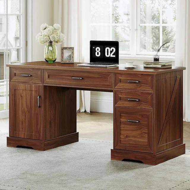 Main image of Casaottima 59 Inch Wood Farmhouse Office Desk with Drawers, Executive Computer Desk with File Cabinet & Charging Station for Home Office, Walnut