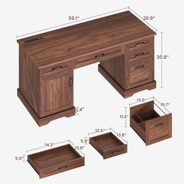 Alt view image 2 of 7 - Casaottima 59 Inch Wood Farmhouse Office Desk with Drawers, Executive Computer Desk with File Cabinet & Charging Station for Home Office, Walnut