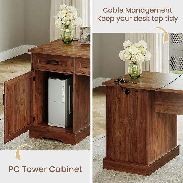 Alt view image 4 of 7 - Casaottima 59 Inch Wood Farmhouse Office Desk with Drawers, Executive Computer Desk with File Cabinet & Charging Station for Home Office, Walnut