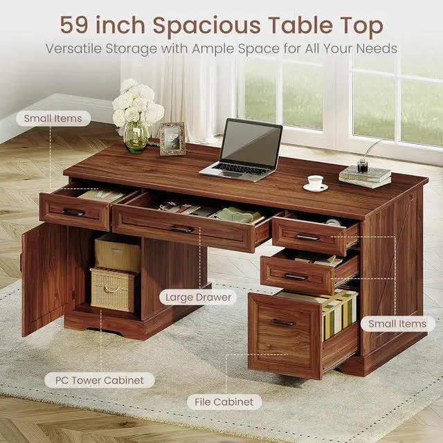 Alt view image 5 of 7 - Casaottima 59 Inch Wood Farmhouse Office Desk with Drawers, Executive Computer Desk with File Cabinet & Charging Station for Home Office, Walnut