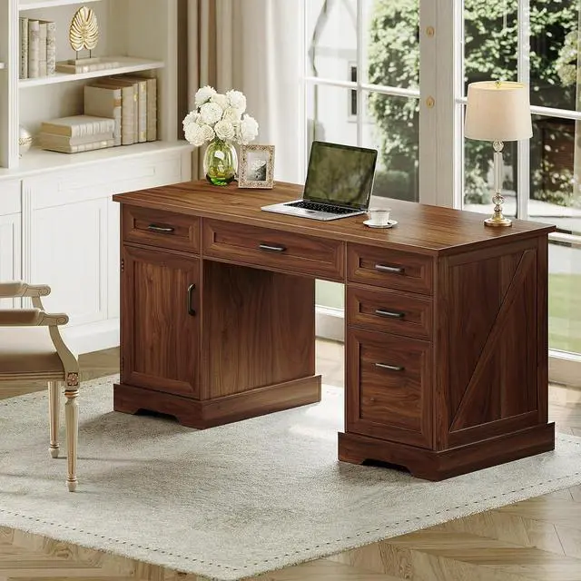 Alt view image 6 of 7 - Casaottima 59 Inch Wood Farmhouse Office Desk with Drawers, Executive Computer Desk with File Cabinet & Charging Station for Home Office, Walnut