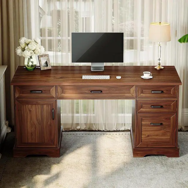 Alt view image 7 of 7 - Casaottima 59 Inch Wood Farmhouse Office Desk with Drawers, Executive Computer Desk with File Cabinet & Charging Station for Home Office, Walnut