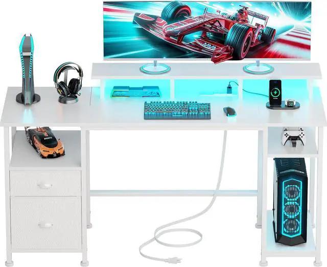 Main image of Furologee 61" Computer Desk with Power Outlet and LED Lights, Reversible Gaming Desk with File Cabinet & Monitor Stand for Home Office, Large Work Table with Storage Shelves & Drawer, White