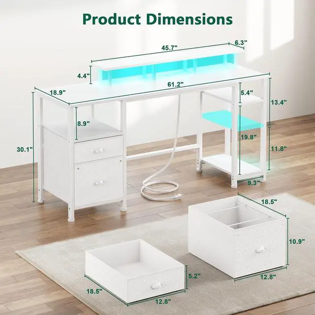 Alt view image 2 of 7 - Furologee 61" Computer Desk with Power Outlet and LED Lights, Reversible Gaming Desk with File Cabinet & Monitor Stand for Home Office, Large Work Table with Storage Shelves & Drawer, White