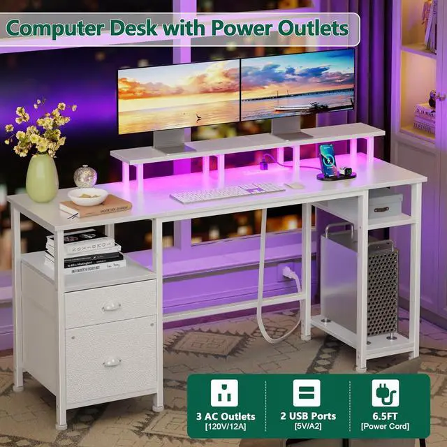 Alt view image 3 of 7 - Furologee 61" Computer Desk with Power Outlet and LED Lights, Reversible Gaming Desk with File Cabinet & Monitor Stand for Home Office, Large Work Table with Storage Shelves & Drawer, White