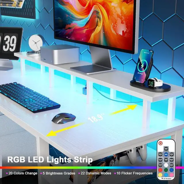 Alt view image 5 of 7 - Furologee 61" Computer Desk with Power Outlet and LED Lights, Reversible Gaming Desk with File Cabinet & Monitor Stand for Home Office, Large Work Table with Storage Shelves & Drawer, White