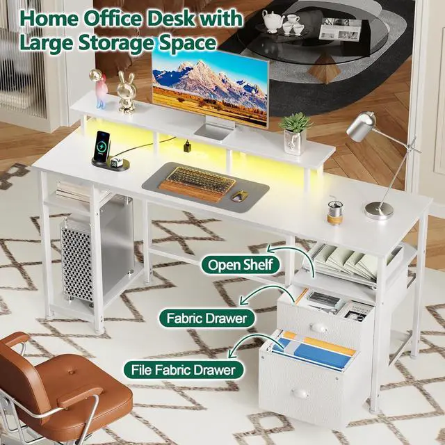 Alt view image 6 of 7 - Furologee 61" Computer Desk with Power Outlet and LED Lights, Reversible Gaming Desk with File Cabinet & Monitor Stand for Home Office, Large Work Table with Storage Shelves & Drawer, White