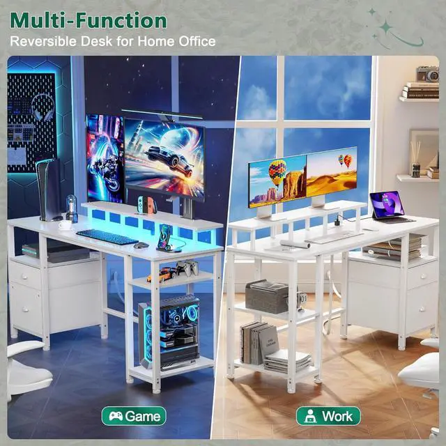 Alt view image 7 of 7 - Furologee 61" Computer Desk with Power Outlet and LED Lights, Reversible Gaming Desk with File Cabinet & Monitor Stand for Home Office, Large Work Table with Storage Shelves & Drawer, White