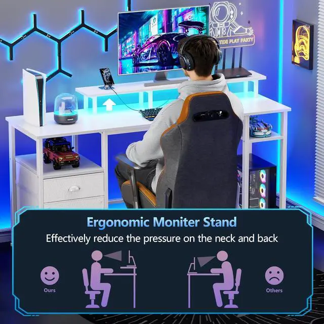 Alt view image 4 of 7 - Furologee 61" Computer Desk with Power Outlet and LED Lights, Reversible Gaming Desk with File Cabinet & Monitor Stand for Home Office, Large Work Table with Storage Shelves & Drawer, White