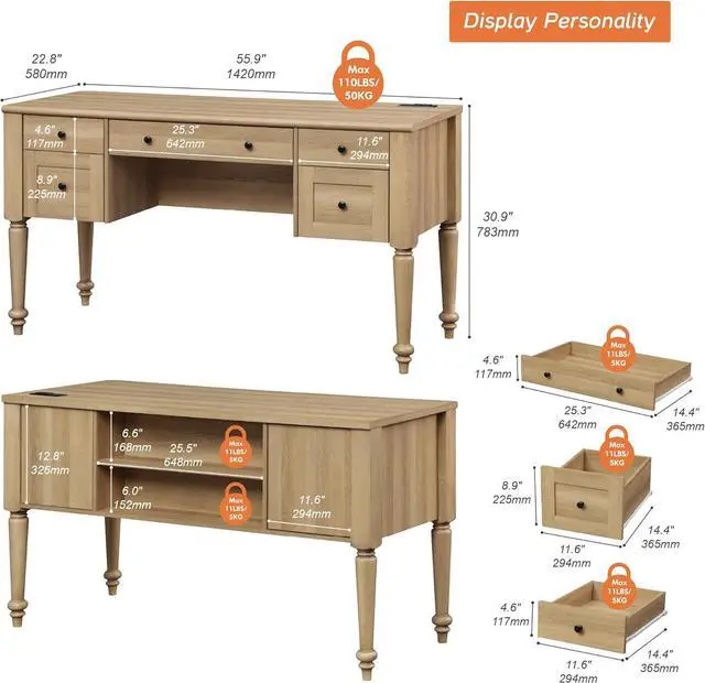 Alt view image 2 of 7 - WAMAPT Farmhouse Executive Desk with 5 Drawers, Home Office Desk with Charging Station, Wood Computer Desk with File Cabinet Storage, Door, Open Shelf for Work and Study, Oak, 55 inch