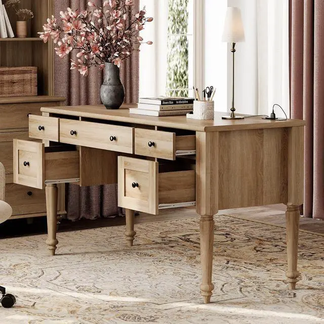 Alt view image 4 of 7 - WAMAPT Farmhouse Executive Desk with 5 Drawers, Home Office Desk with Charging Station, Wood Computer Desk with File Cabinet Storage, Door, Open Shelf for Work and Study, Oak, 55 inch