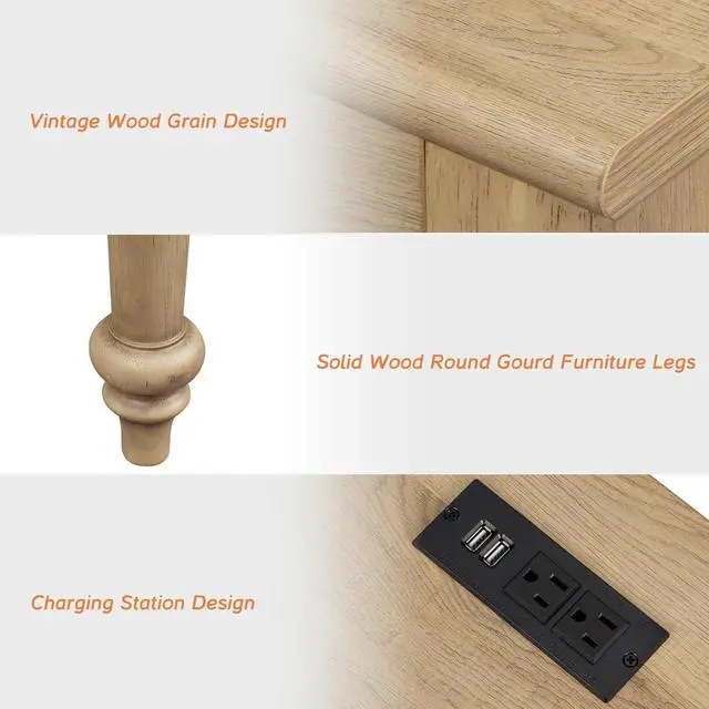 Alt view image 6 of 7 - WAMAPT Farmhouse Executive Desk with 5 Drawers, Home Office Desk with Charging Station, Wood Computer Desk with File Cabinet Storage, Door, Open Shelf for Work and Study, Oak, 55 inch