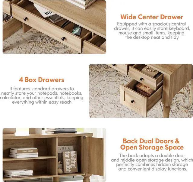 Alt view image 7 of 7 - WAMAPT Farmhouse Executive Desk with 5 Drawers, Home Office Desk with Charging Station, Wood Computer Desk with File Cabinet Storage, Door, Open Shelf for Work and Study, Oak, 55 inch