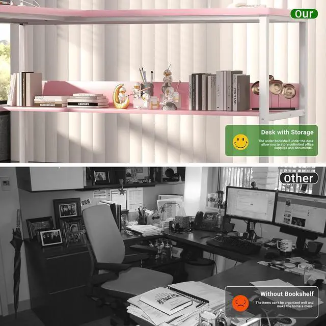 Alt view image 7 of 7 - Unikito Reversible L Shaped Desk with Magic Power Outlets and USB Charging Ports, Sturdy Corner Computer Desk with Storage Shelves, Gaming Table Home Office Desk, Easy to Assemble, Pink