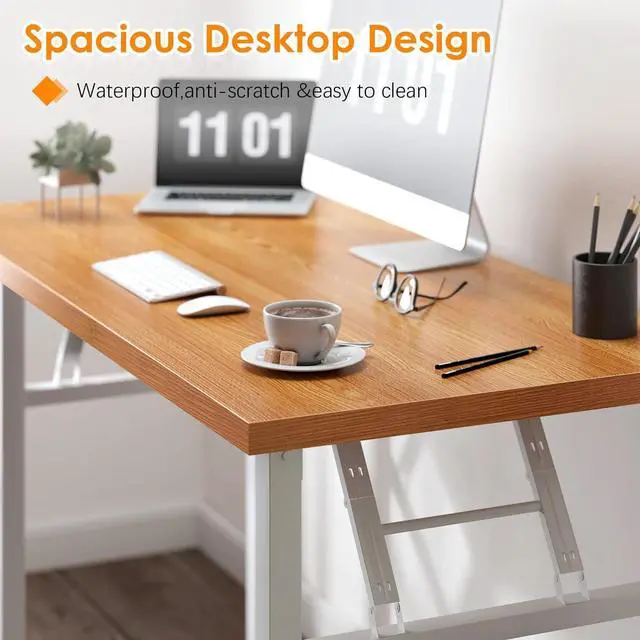 Alt view image 5 of 7 - Need Folding Desk, 54 inch Large Computer Desk for Home Office, No Install Needed Study Student Writing Table Desk Workstation, Teak White