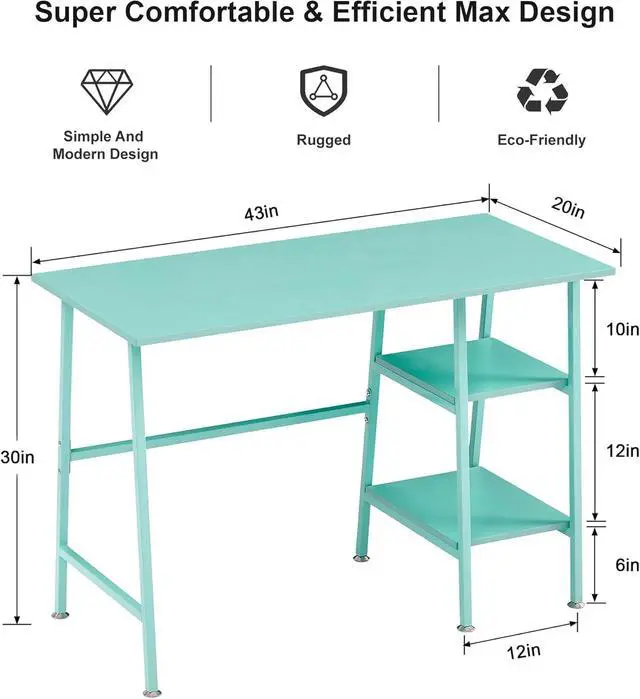 Alt view image 2 of 7 - VECELO 43 Inch Computer Desk Writing Study Work Office Table Modern Desk with Shelves Wooden Desk for Home Bedroom,Blue Desk