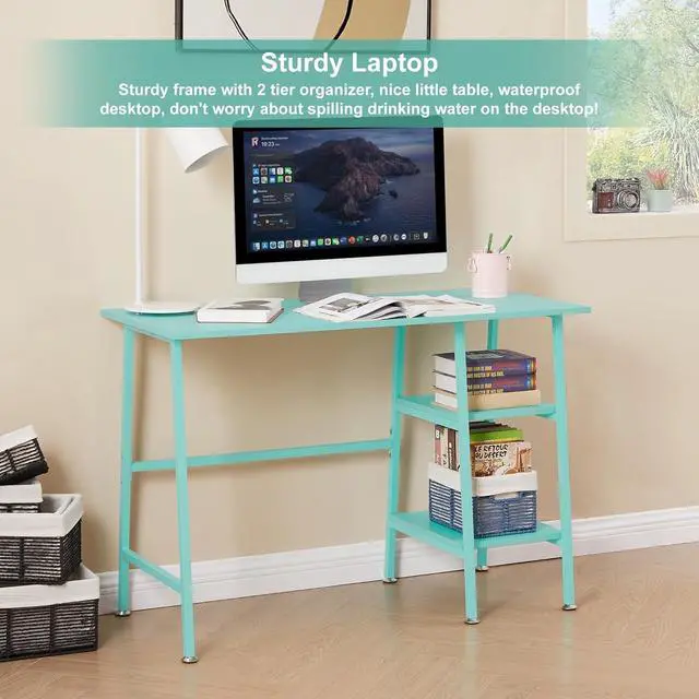 Alt view image 3 of 7 - VECELO 43 Inch Computer Desk Writing Study Work Office Table Modern Desk with Shelves Wooden Desk for Home Bedroom,Blue Desk
