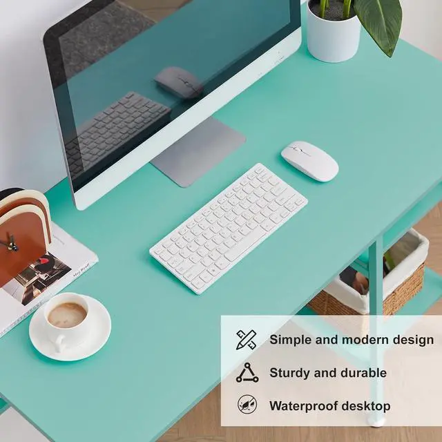 Alt view image 6 of 7 - VECELO 43 Inch Computer Desk Writing Study Work Office Table Modern Desk with Shelves Wooden Desk for Home Bedroom,Blue Desk