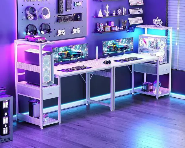 Alt view image 2 of 6 - Casaottima 48 Inch Gaming Desk with Storage & LED Lights, Reversible Computer Desk with Display Shelves & Fabric Drawer, Modern Gamer Desk Table with Side Headphone Hook, Carbon Fiber White