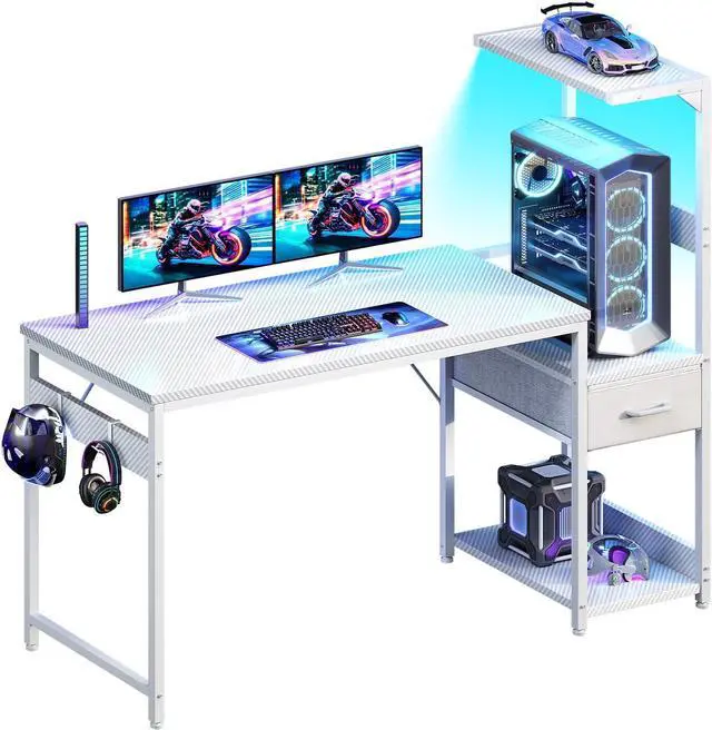 Main image of Casaottima 48 Inch Gaming Desk with Storage & LED Lights, Reversible Computer Desk with Display Shelves & Fabric Drawer, Modern Gamer Desk Table with Side Headphone Hook, Carbon Fiber White