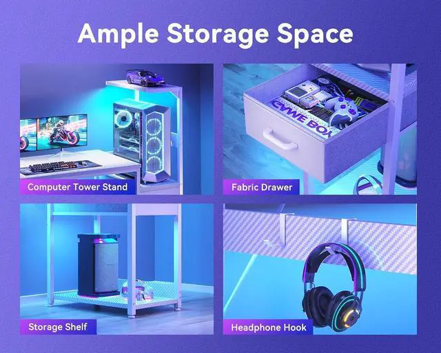 Alt view image 6 of 6 - Casaottima 48 Inch Gaming Desk with Storage & LED Lights, Reversible Computer Desk with Display Shelves & Fabric Drawer, Modern Gamer Desk Table with Side Headphone Hook, Carbon Fiber White