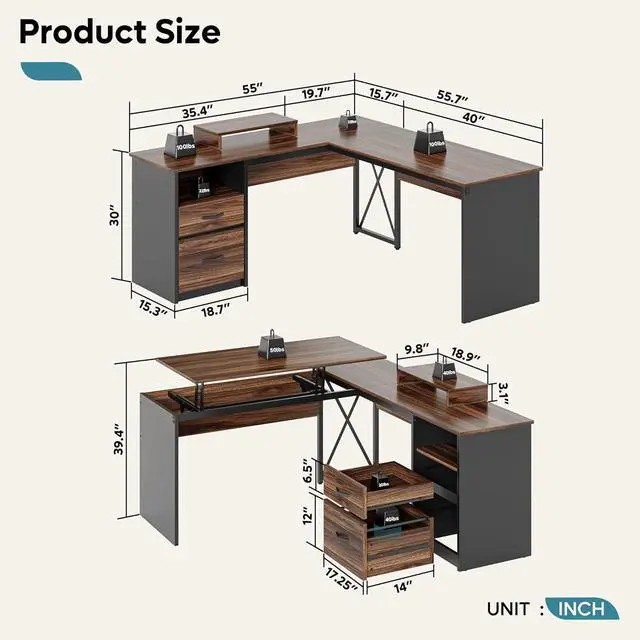 Alt view image 2 of 7 - Bestier Lift Top L Shaped Desk with File Drawer, 55'' x 55'' Office Desk with Reversible Storage Drawers and Computer Monitor Stand (Walnut)