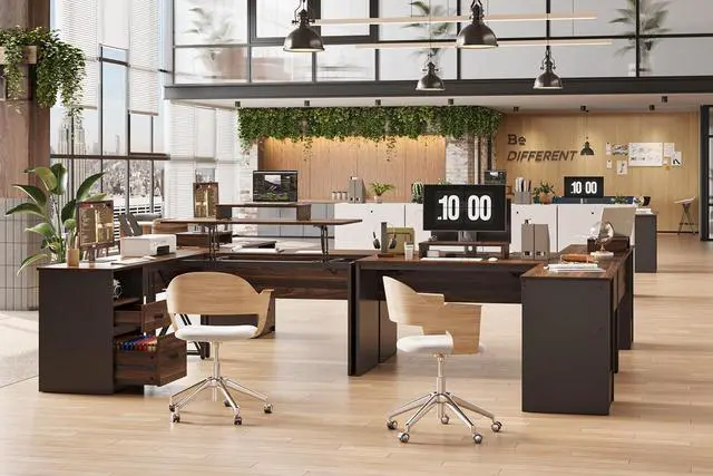 Alt view image 5 of 7 - Bestier Lift Top L Shaped Desk with File Drawer, 55'' x 55'' Office Desk with Reversible Storage Drawers and Computer Monitor Stand (Walnut)