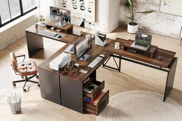Alt view image 6 of 7 - Bestier Lift Top L Shaped Desk with File Drawer, 55'' x 55'' Office Desk with Reversible Storage Drawers and Computer Monitor Stand (Walnut)
