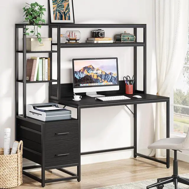 Main image of Tribesigns 55 Inch Computer Desk with 2 Drawers and Storage Shelves, Rustic Office Desk with Hutch, Study Writing Gaming Table Laptop Workstation for Home Office (Black)