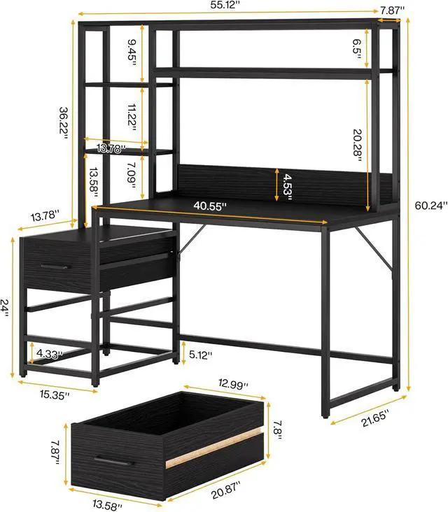 Alt view image 2 of 7 - Tribesigns 55 Inch Computer Desk with 2 Drawers and Storage Shelves, Rustic Office Desk with Hutch, Study Writing Gaming Table Laptop Workstation for Home Office (Black)