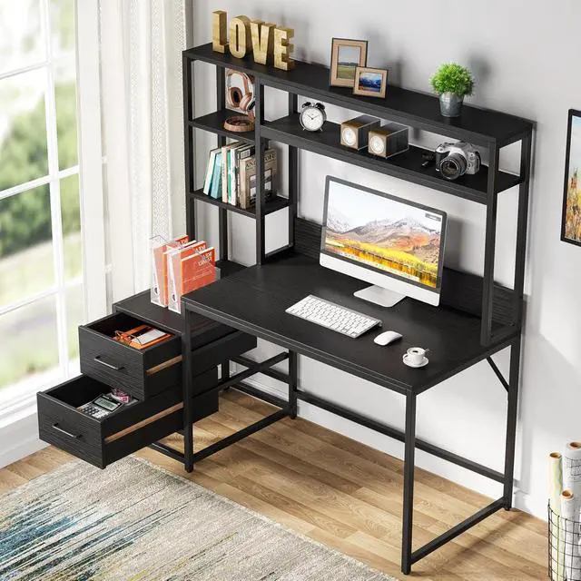 Alt view image 3 of 7 - Tribesigns 55 Inch Computer Desk with 2 Drawers and Storage Shelves, Rustic Office Desk with Hutch, Study Writing Gaming Table Laptop Workstation for Home Office (Black)