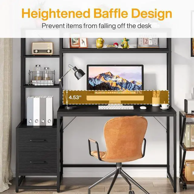 Alt view image 4 of 7 - Tribesigns 55 Inch Computer Desk with 2 Drawers and Storage Shelves, Rustic Office Desk with Hutch, Study Writing Gaming Table Laptop Workstation for Home Office (Black)