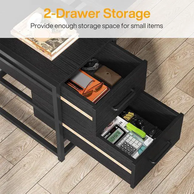 Alt view image 5 of 7 - Tribesigns 55 Inch Computer Desk with 2 Drawers and Storage Shelves, Rustic Office Desk with Hutch, Study Writing Gaming Table Laptop Workstation for Home Office (Black)