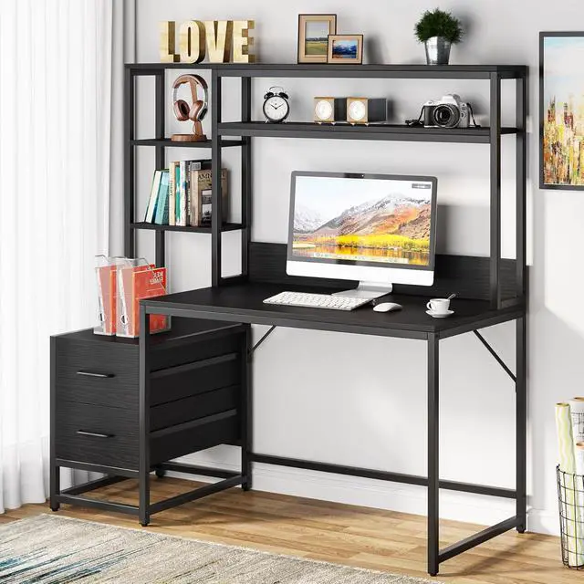 Alt view image 7 of 7 - Tribesigns 55 Inch Computer Desk with 2 Drawers and Storage Shelves, Rustic Office Desk with Hutch, Study Writing Gaming Table Laptop Workstation for Home Office (Black)