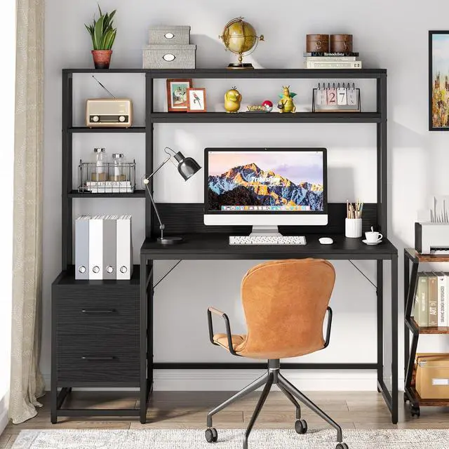 Alt view image 6 of 7 - Tribesigns 55 Inch Computer Desk with 2 Drawers and Storage Shelves, Rustic Office Desk with Hutch, Study Writing Gaming Table Laptop Workstation for Home Office (Black)