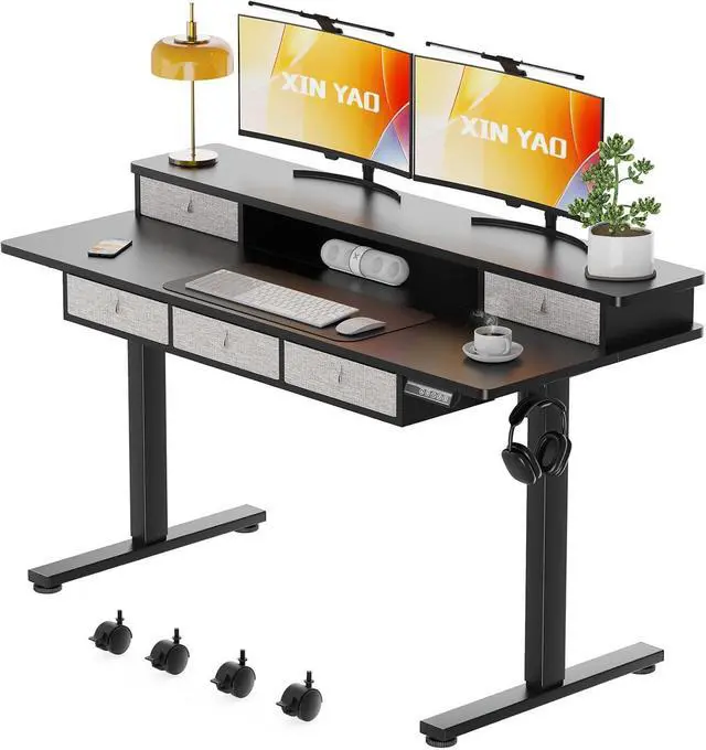 Main image of XINYAO Electric Standing Desk with 5 Drawers, 55x24 Inch Height Adjustable Sit Stand Up Desk with Storage Support 290lbs Ergonomic Rising Table with Wheels for Home Office