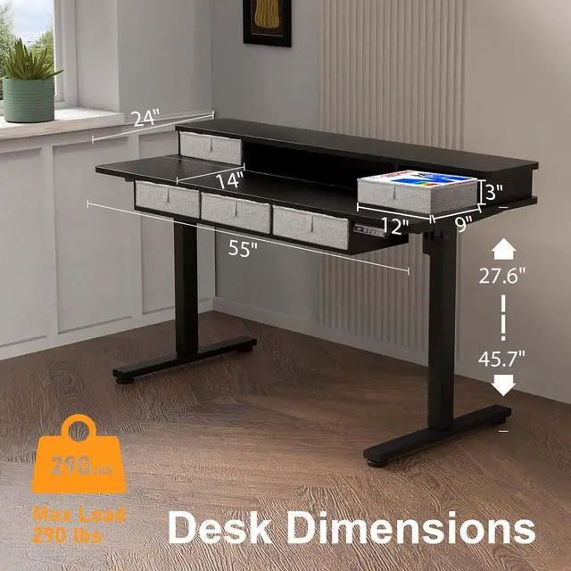 Alt view image 2 of 7 - XINYAO Electric Standing Desk with 5 Drawers, 55x24 Inch Height Adjustable Sit Stand Up Desk with Storage Support 290lbs Ergonomic Rising Table with Wheels for Home Office