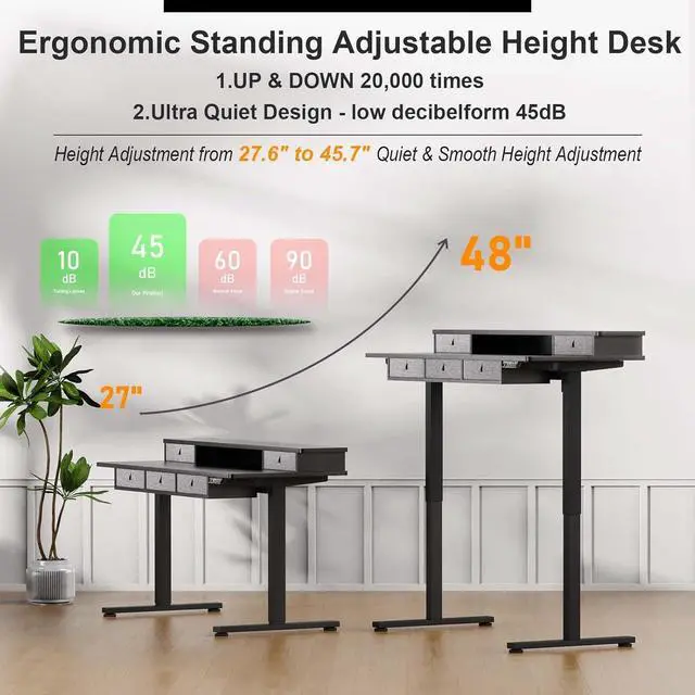 Alt view image 3 of 7 - XINYAO Electric Standing Desk with 5 Drawers, 55x24 Inch Height Adjustable Sit Stand Up Desk with Storage Support 290lbs Ergonomic Rising Table with Wheels for Home Office
