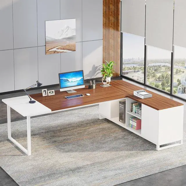Main image of Tribesigns 70.8" L-Shaped Executive Desk with 55" File Cabinet, Large Home Office Computer Desk with Storage Shelves and Cabinet, Modern Business Furniture Set Home Office, Walnut White
