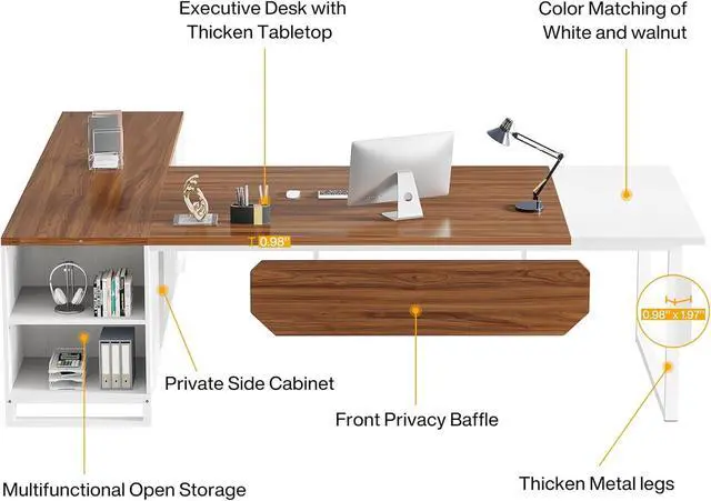 Alt view image 5 of 7 - Tribesigns 70.8" L-Shaped Executive Desk with 55" File Cabinet, Large Home Office Computer Desk with Storage Shelves and Cabinet, Modern Business Furniture Set Home Office, Walnut White