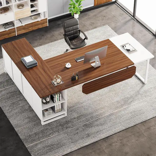 Alt view image 4 of 7 - Tribesigns 70.8" L-Shaped Executive Desk with 55" File Cabinet, Large Home Office Computer Desk with Storage Shelves and Cabinet, Modern Business Furniture Set Home Office, Walnut White