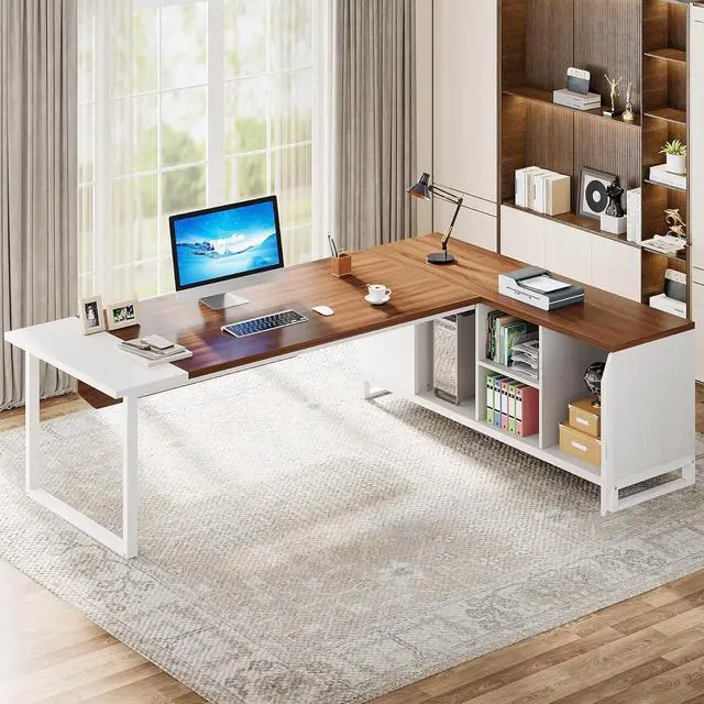 Alt view image 7 of 7 - Tribesigns 70.8" L-Shaped Executive Desk with 55" File Cabinet, Large Home Office Computer Desk with Storage Shelves and Cabinet, Modern Business Furniture Set Home Office, Walnut White