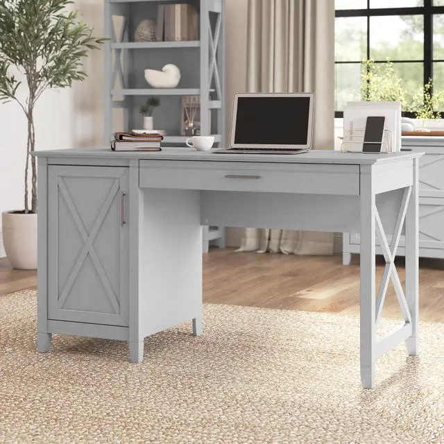 Alt view image 2 of 7 - Bush Furniture Key West Computer Desk with Storage Farmhouse PC Table for Home Office in Cape Cod Gray 54W x 24D